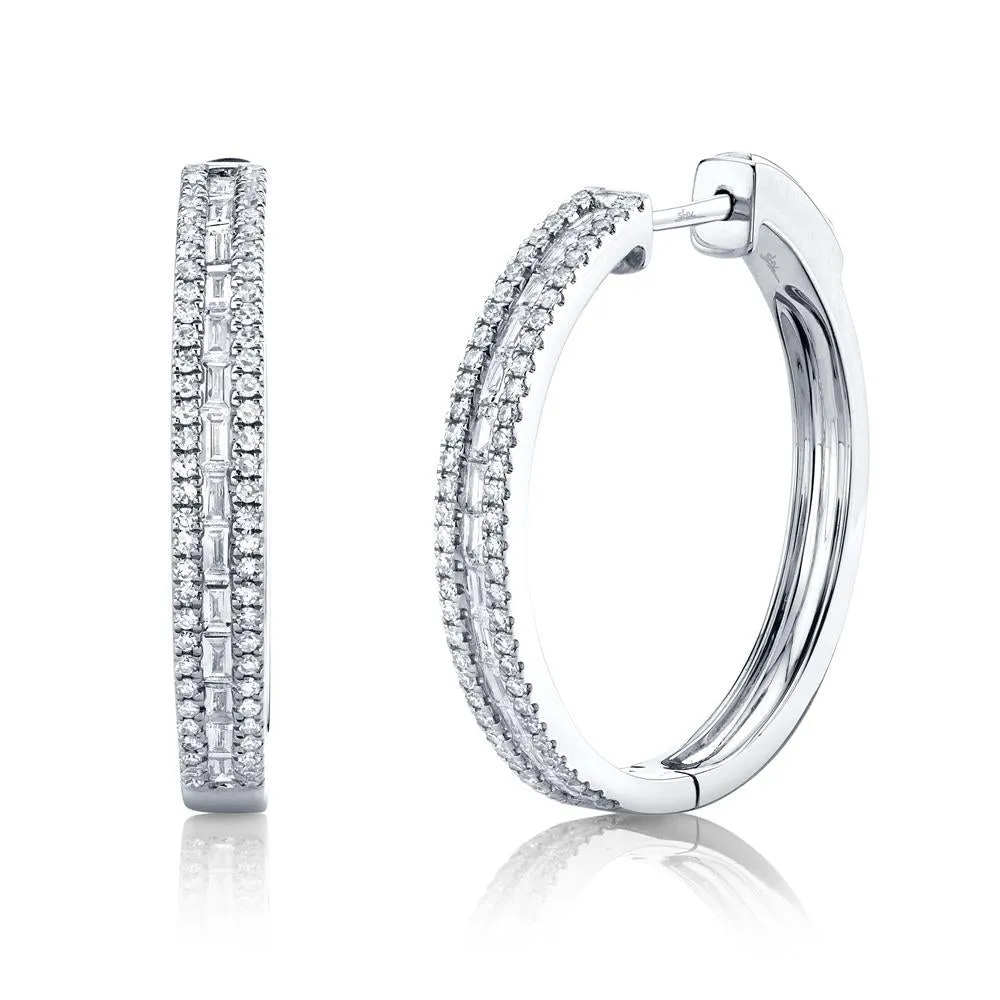 14k Gold Baguette and Round 0.89 ct diamond hoop earring, Available in White, Rose and Yellow Gold