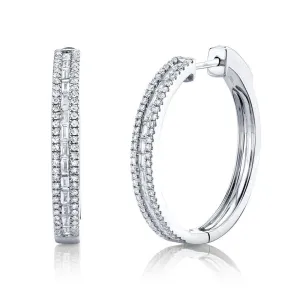 14k Gold Baguette and Round 0.89 ct diamond hoop earring, Available in White, Rose and Yellow Gold