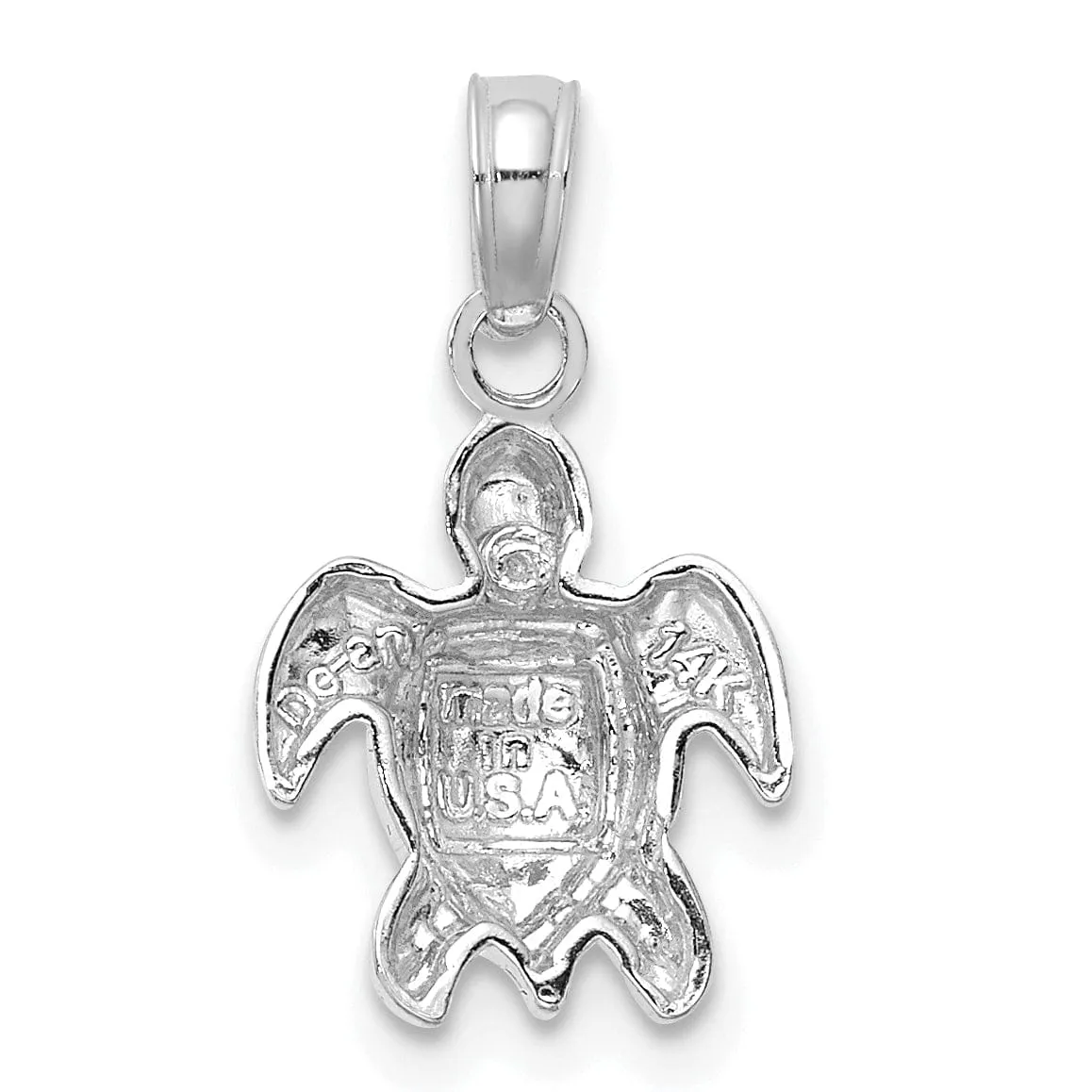 14K White Gold Open Back Solid Casted Textured Polished Finish Mini Sea Turtle Charm Pendant