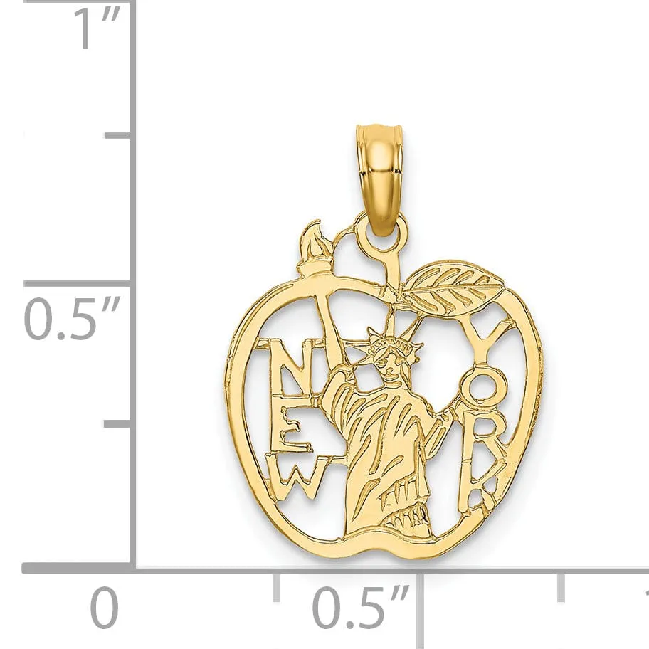 14k Yellow Gold Solid Polished Textured Finish NEW YORK with Statue of Liberty in Apple Cut Out Design Charm Pendant
