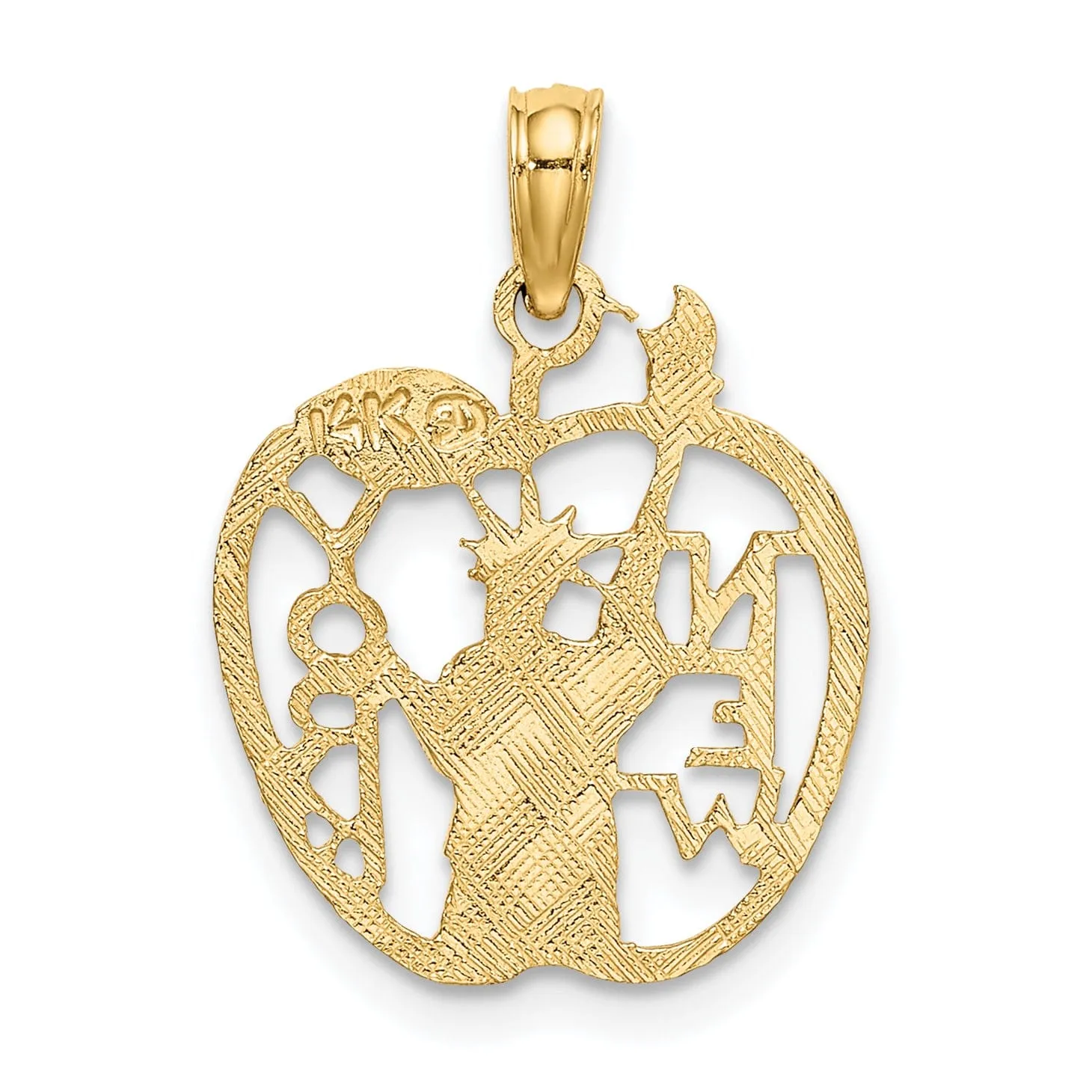 14k Yellow Gold Solid Polished Textured Finish NEW YORK with Statue of Liberty in Apple Cut Out Design Charm Pendant