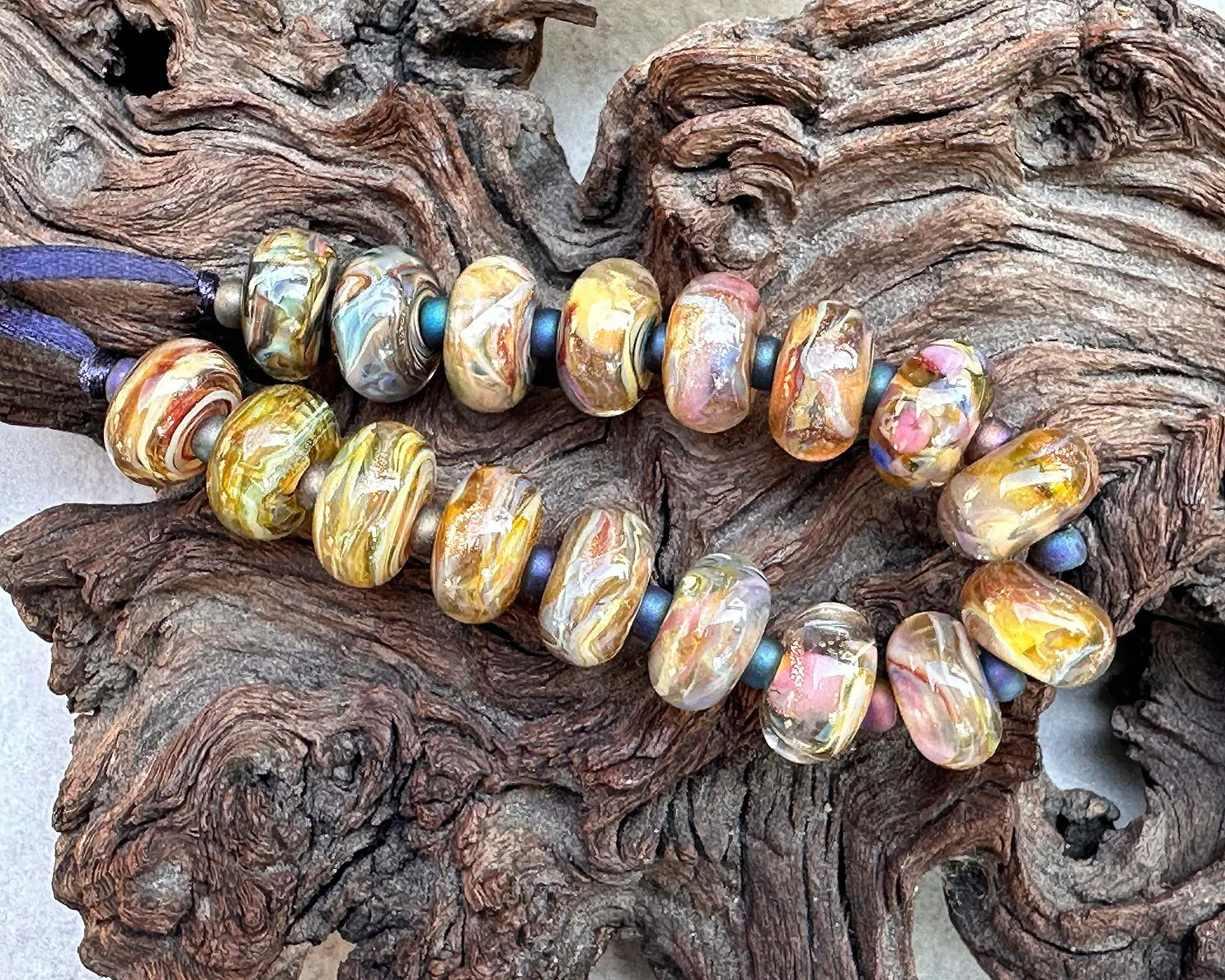 17 Yellow Peach Swirl Lampwork Beads Set SRA