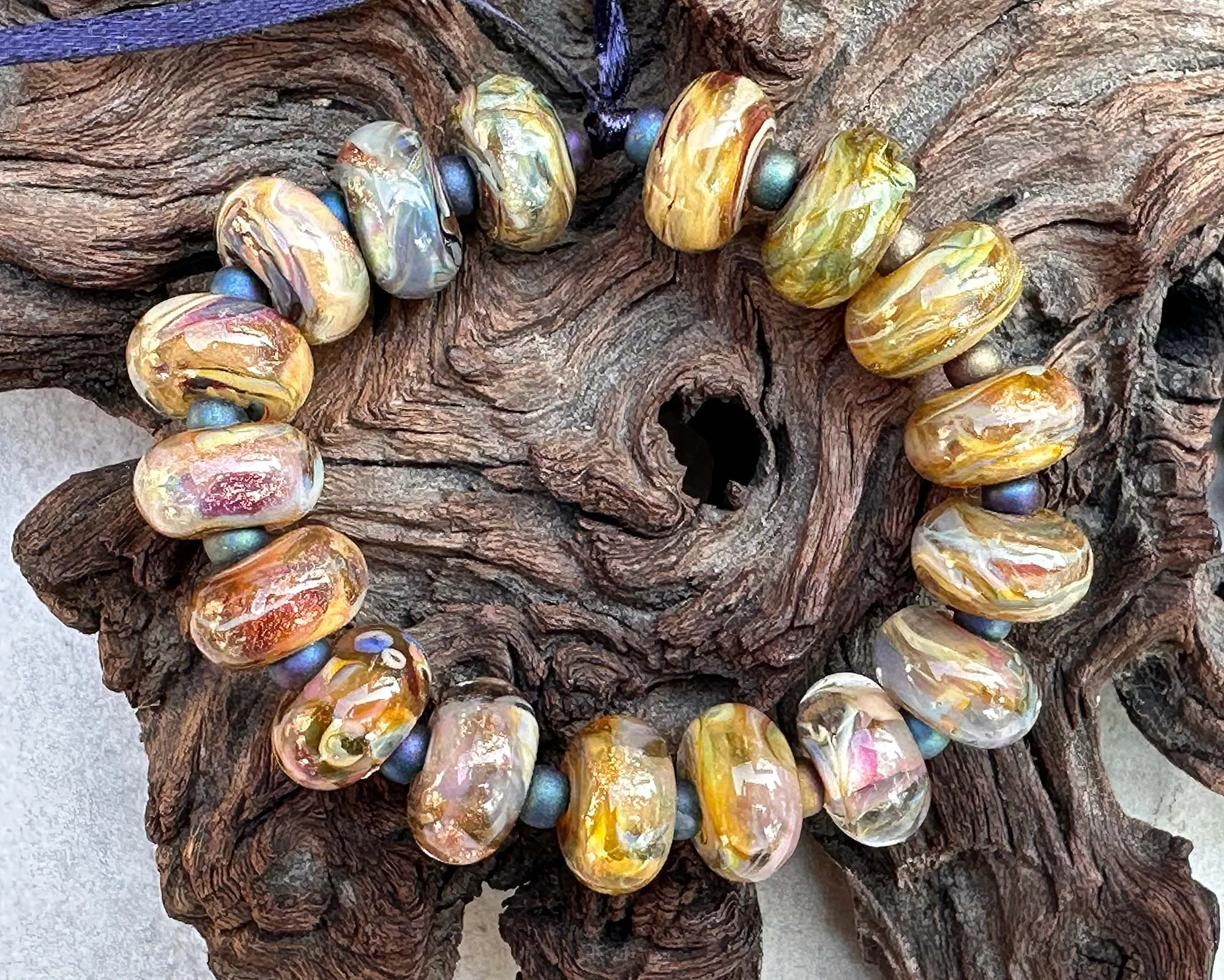 17 Yellow Peach Swirl Lampwork Beads Set SRA