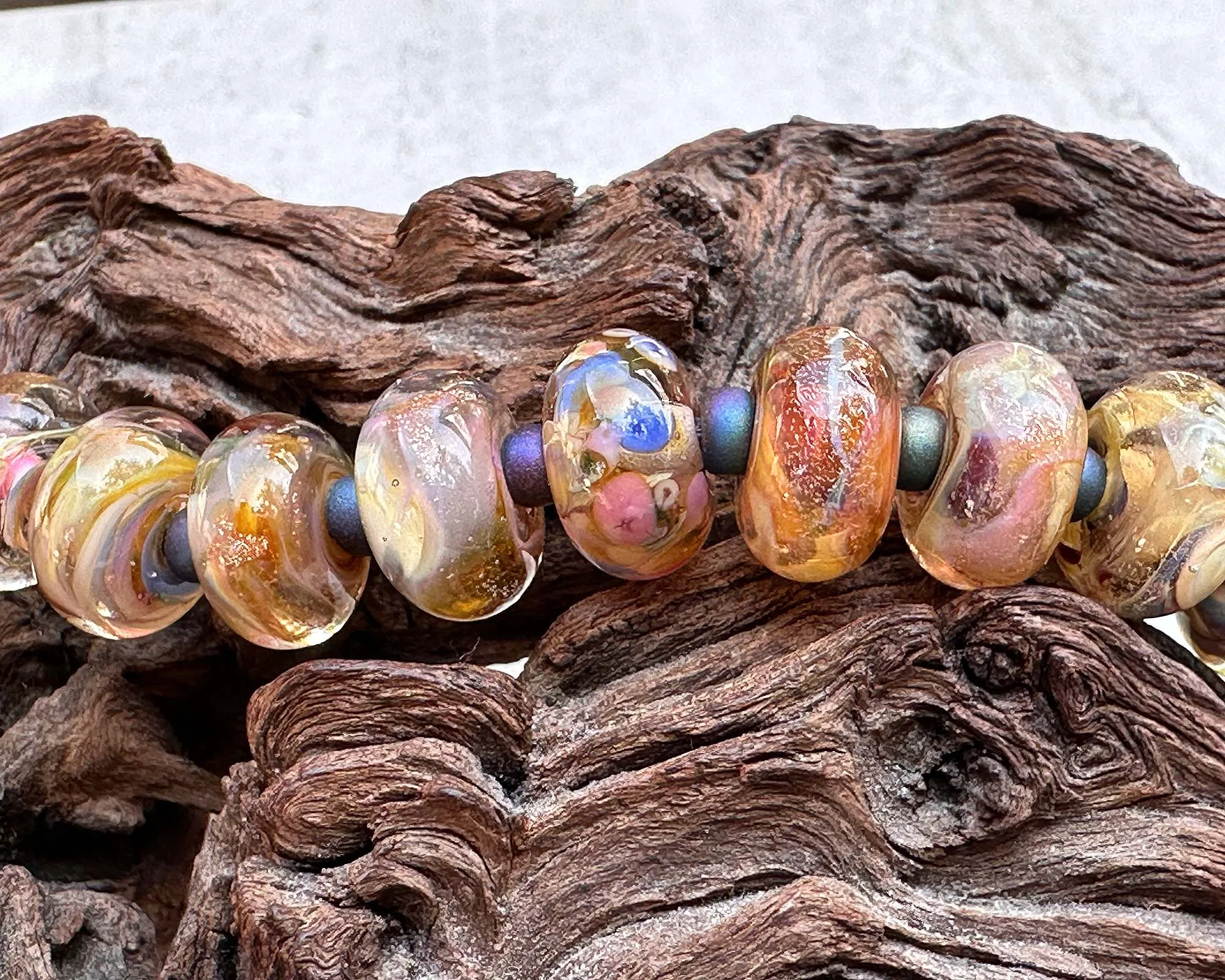 17 Yellow Peach Swirl Lampwork Beads Set SRA