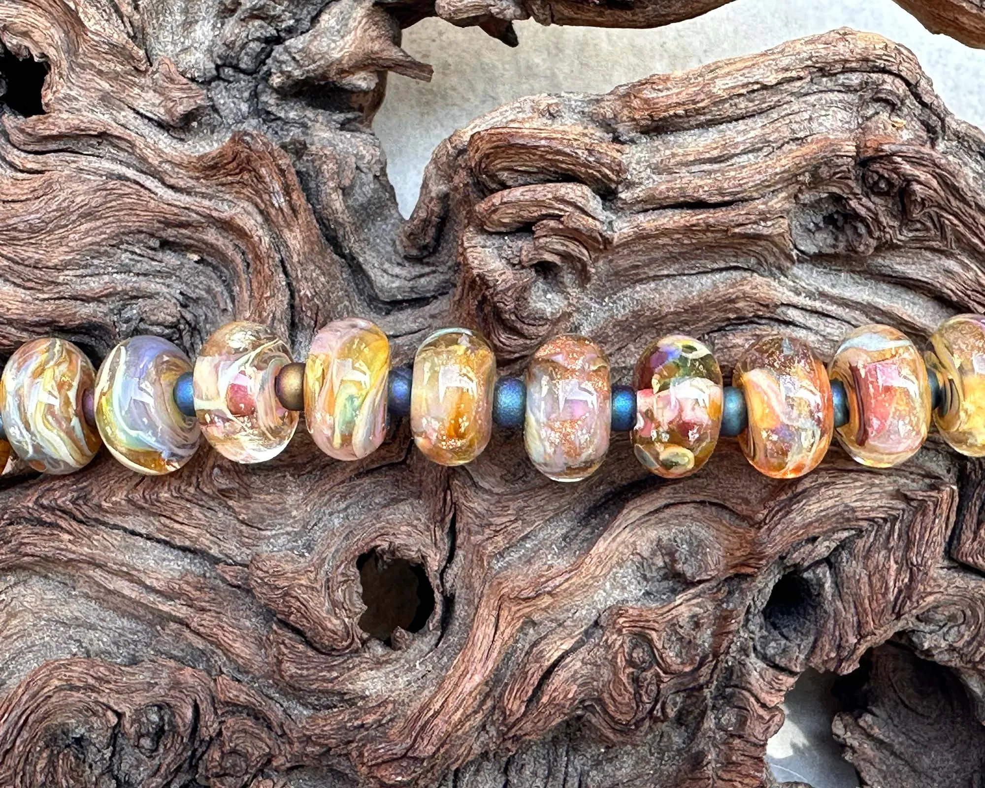 17 Yellow Peach Swirl Lampwork Beads Set SRA