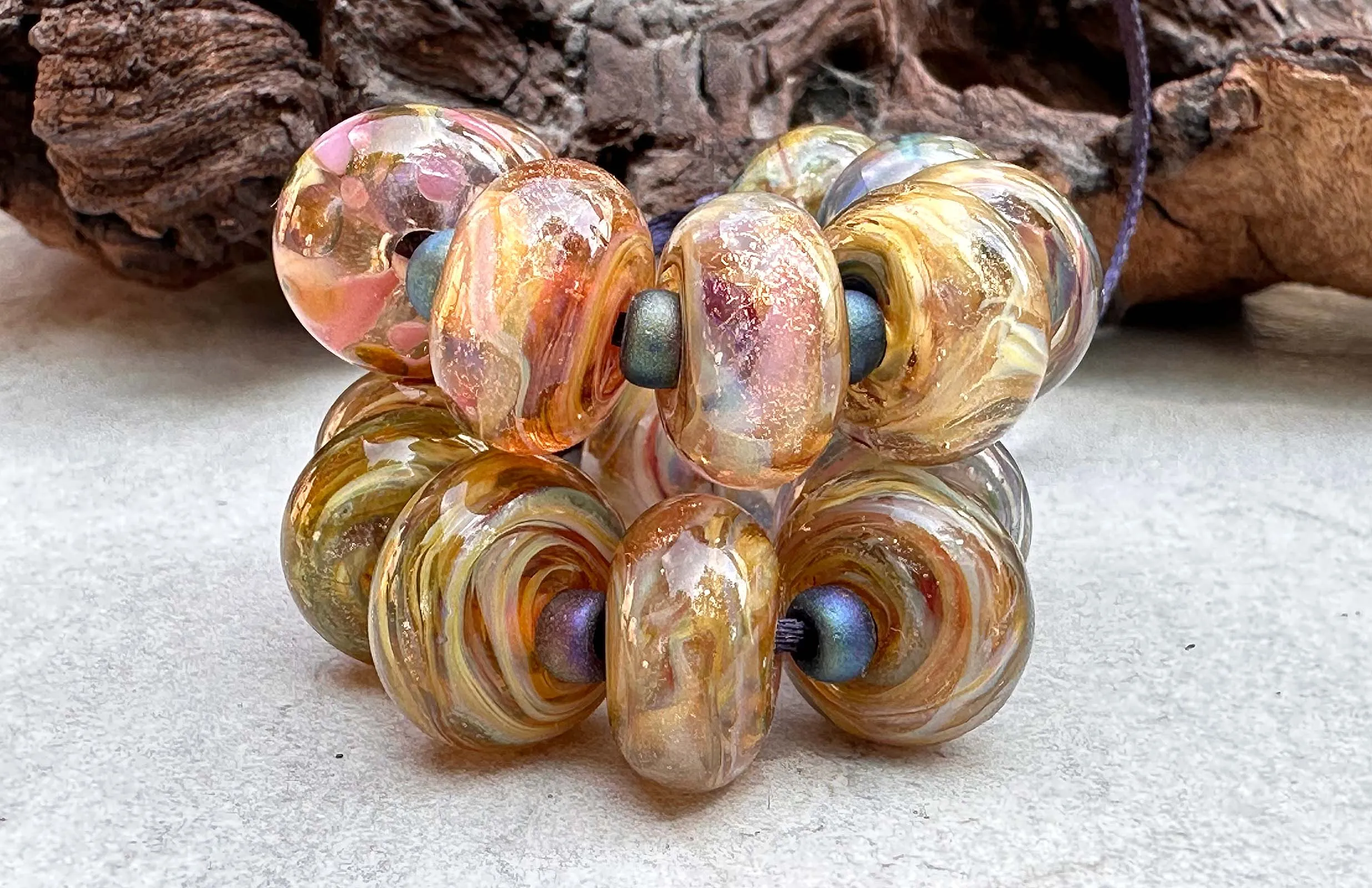 17 Yellow Peach Swirl Lampwork Beads Set SRA