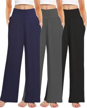 3PACK Women's Casual Loose Wide Leg Cozy Pants Yoga High Waisted Sweatpants Comfy Lounge Pants with Pants with Pockets