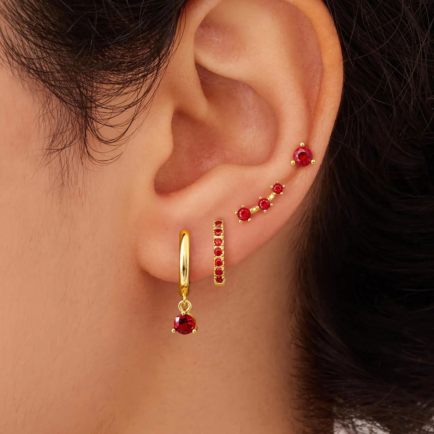 4 Pairs Stud Hoop Earrings Set for Women, Trendy Dangle Jacket Huggie Stacks for Multiple Piercing, Hypoallergenic Cartilage Jewelry Gifts