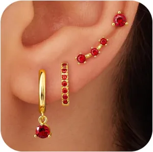 4 Pairs Stud Hoop Earrings Set for Women, Trendy Dangle Jacket Huggie Stacks for Multiple Piercing, Hypoallergenic Cartilage Jewelry Gifts