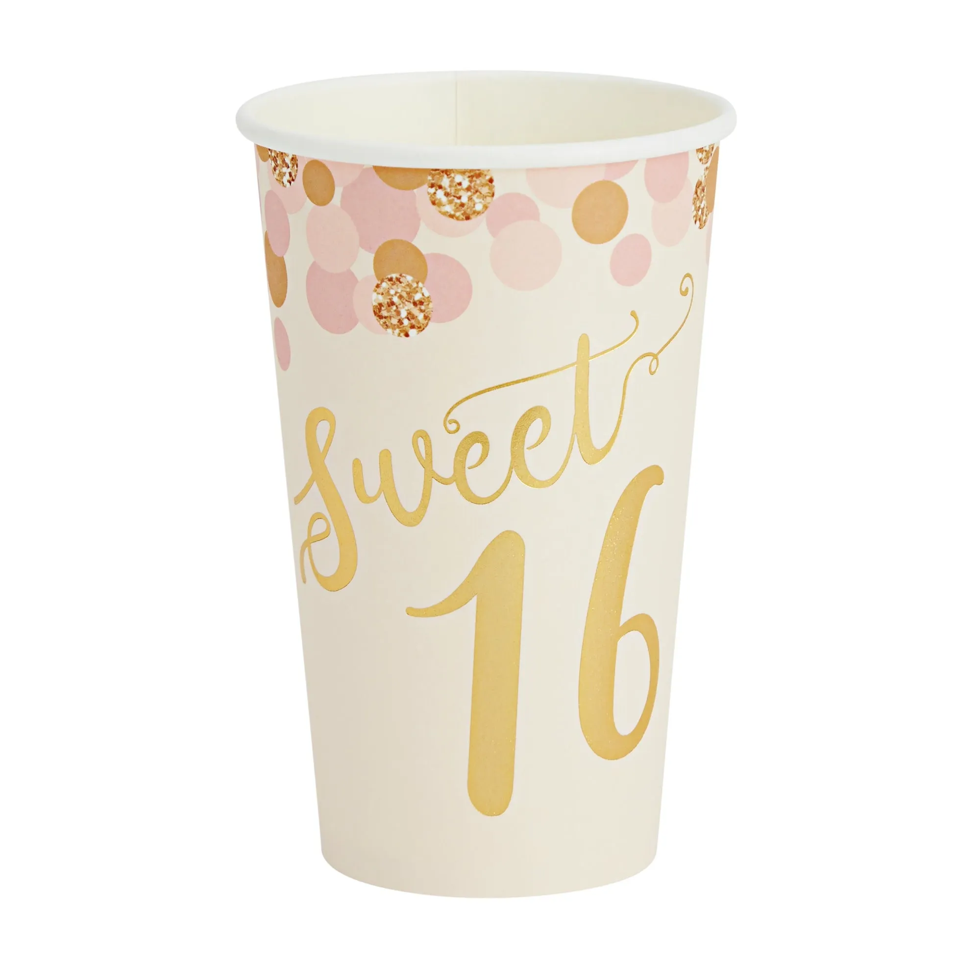 50 Pack 16 oz Paper Pink Party Cups for Girls Sweet 16 Party Supplies (Rose Gold Foil)