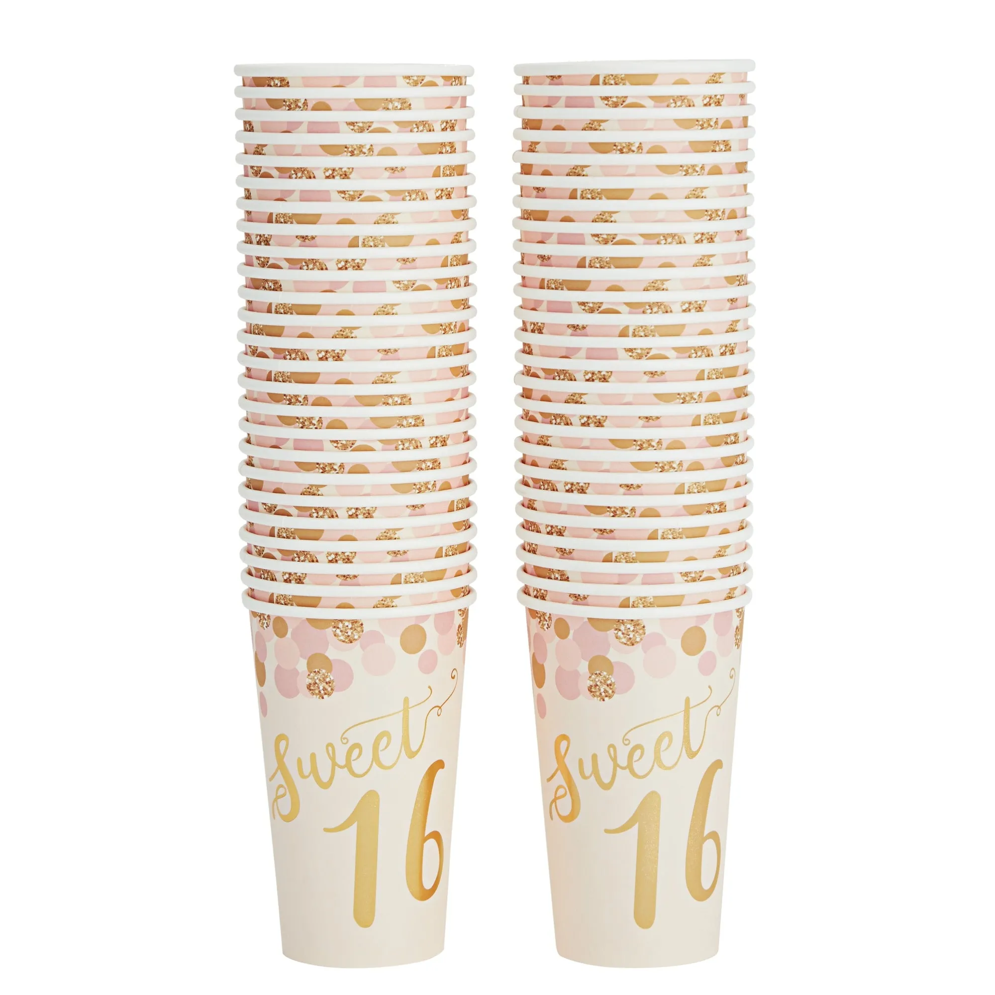 50 Pack 16 oz Paper Pink Party Cups for Girls Sweet 16 Party Supplies (Rose Gold Foil)