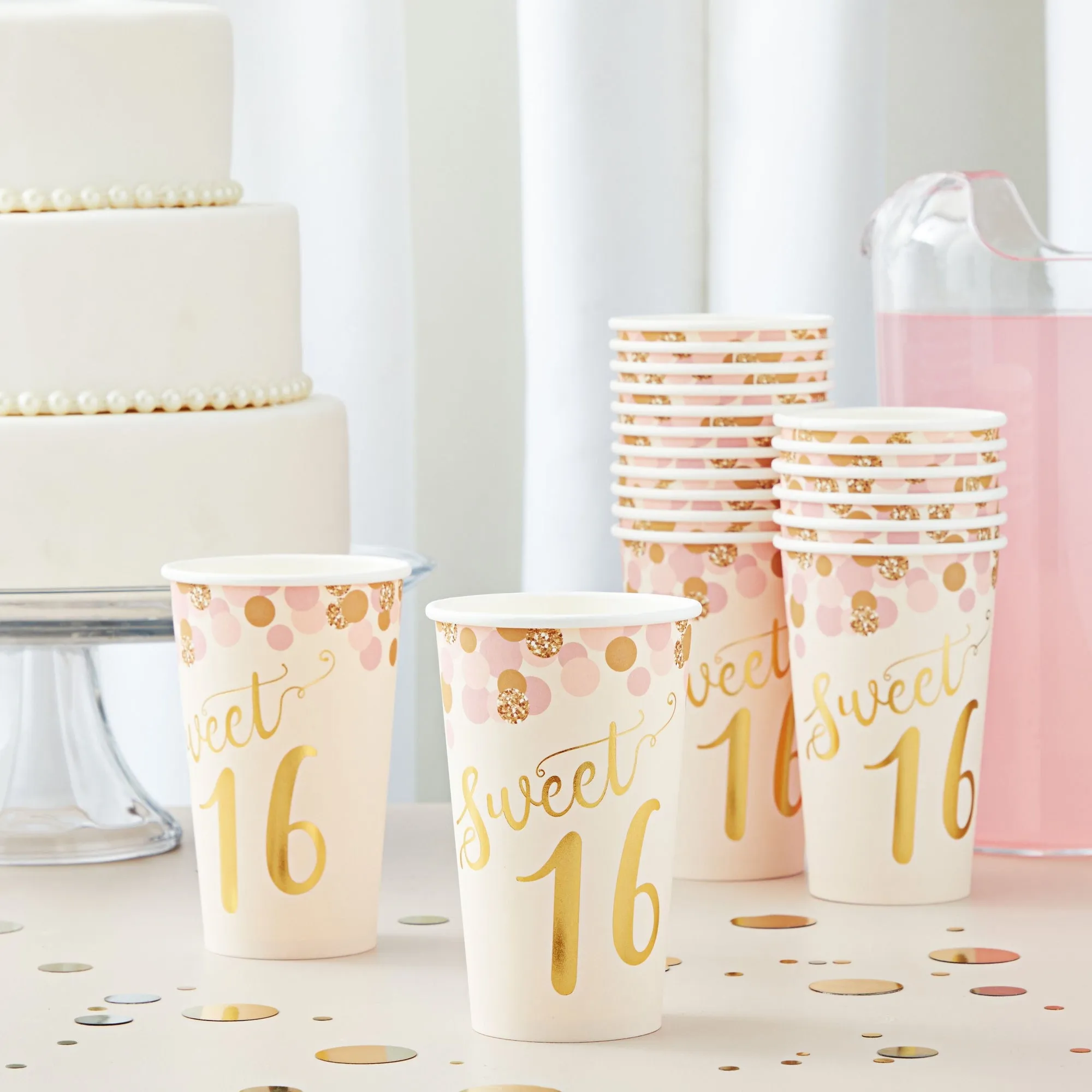 50 Pack 16 oz Paper Pink Party Cups for Girls Sweet 16 Party Supplies (Rose Gold Foil)