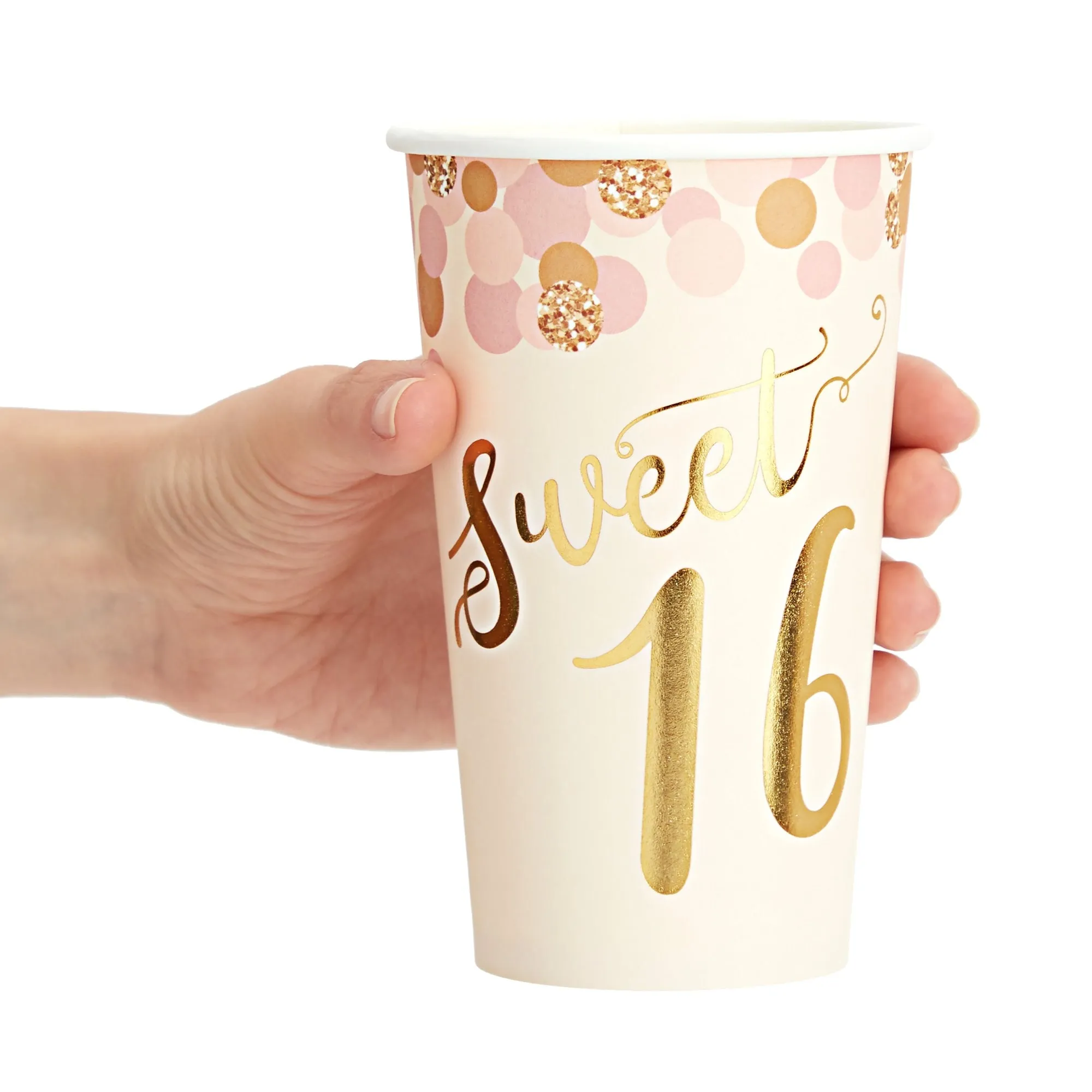 50 Pack 16 oz Paper Pink Party Cups for Girls Sweet 16 Party Supplies (Rose Gold Foil)