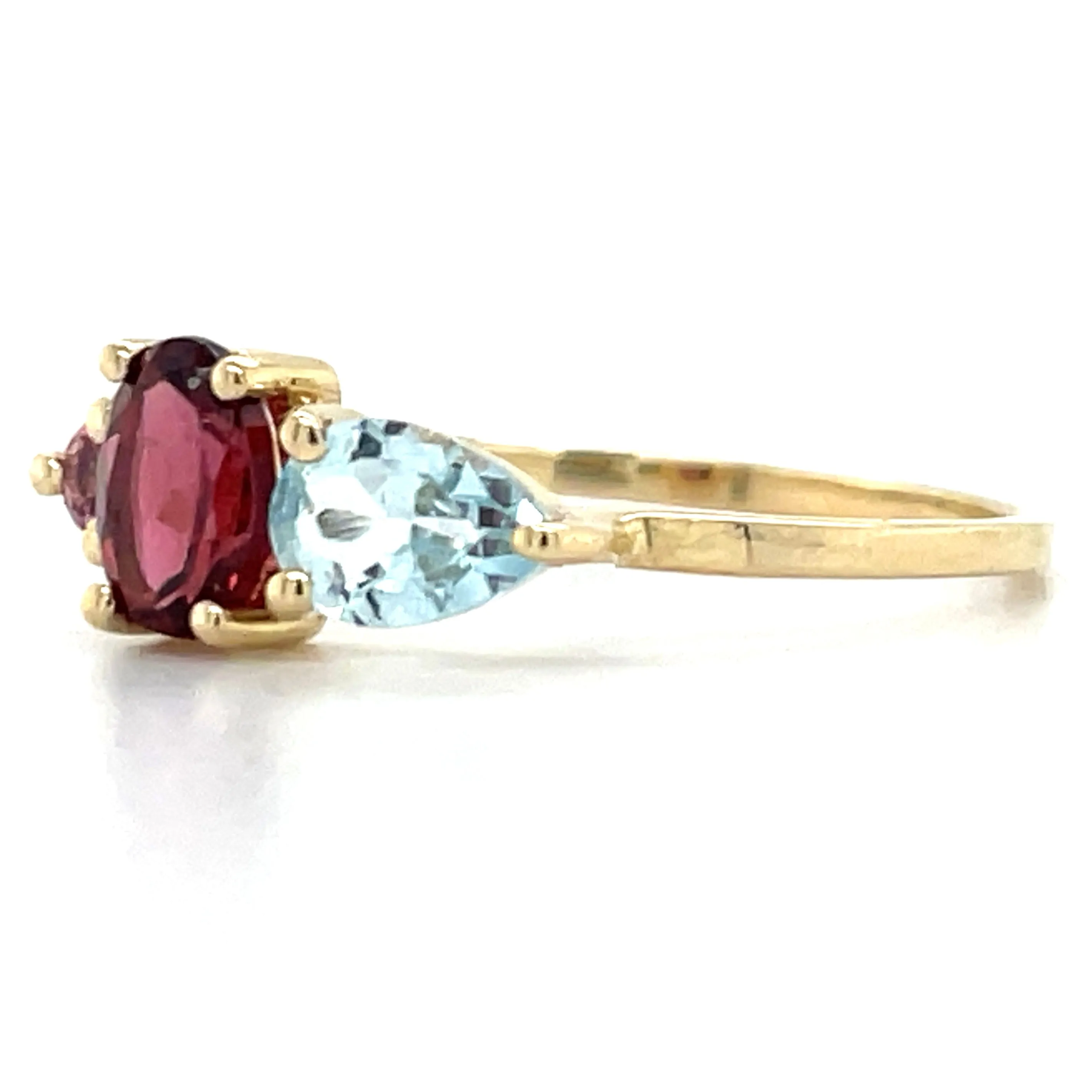9ct Yellow Gold Earth Grown Blue Topaz, Pink Topaz & Rhodolite Ring