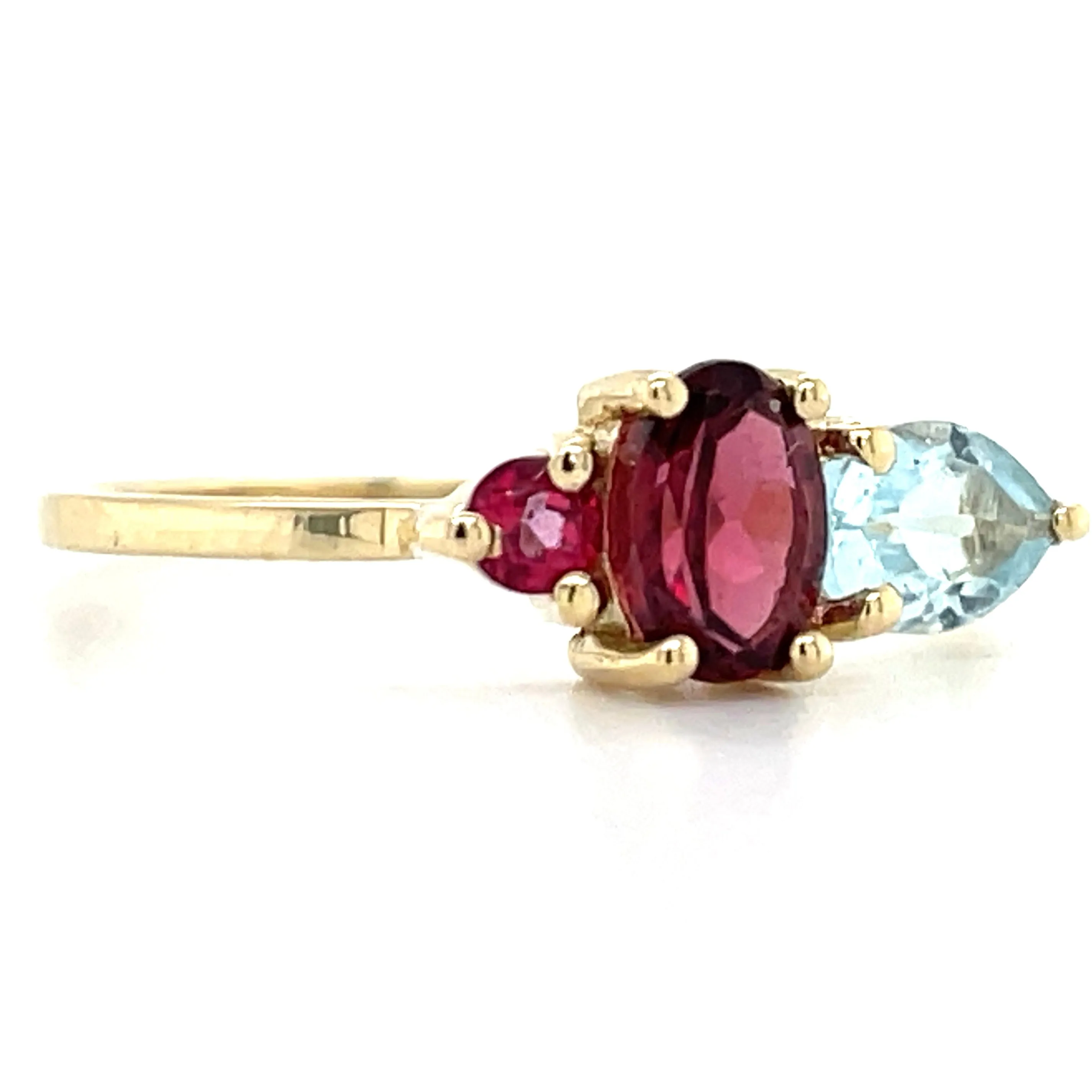 9ct Yellow Gold Earth Grown Blue Topaz, Pink Topaz & Rhodolite Ring
