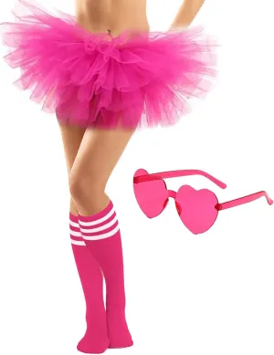 Adult Tutus for Women, 5 Layered Tulle Tutu Skirt Set with Heart Sunglasses and Knee High Socks Party Favors