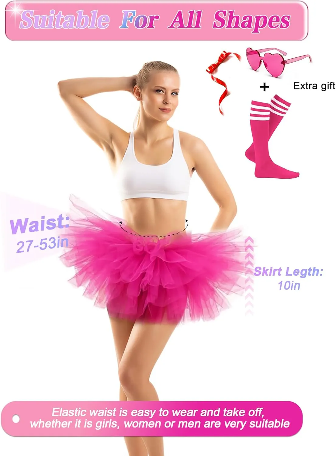 Adult Tutus for Women, 5 Layered Tulle Tutu Skirt Set with Heart Sunglasses and Knee High Socks Party Favors