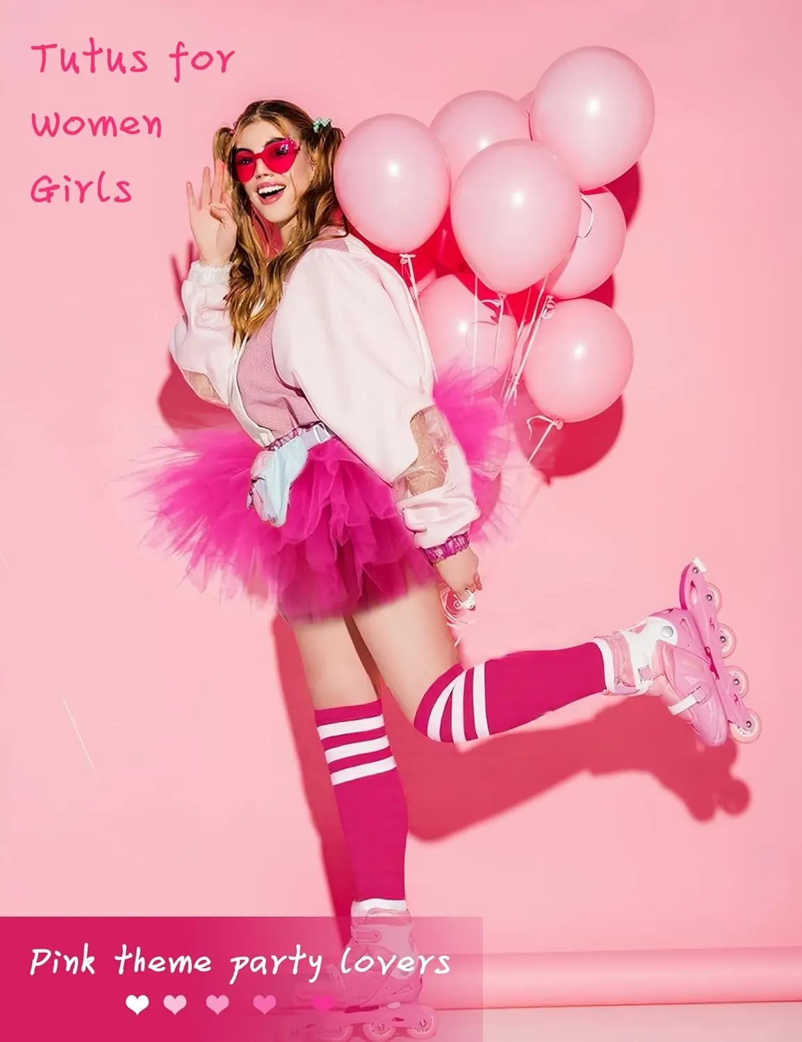 Adult Tutus for Women, 5 Layered Tulle Tutu Skirt Set with Heart Sunglasses and Knee High Socks Party Favors