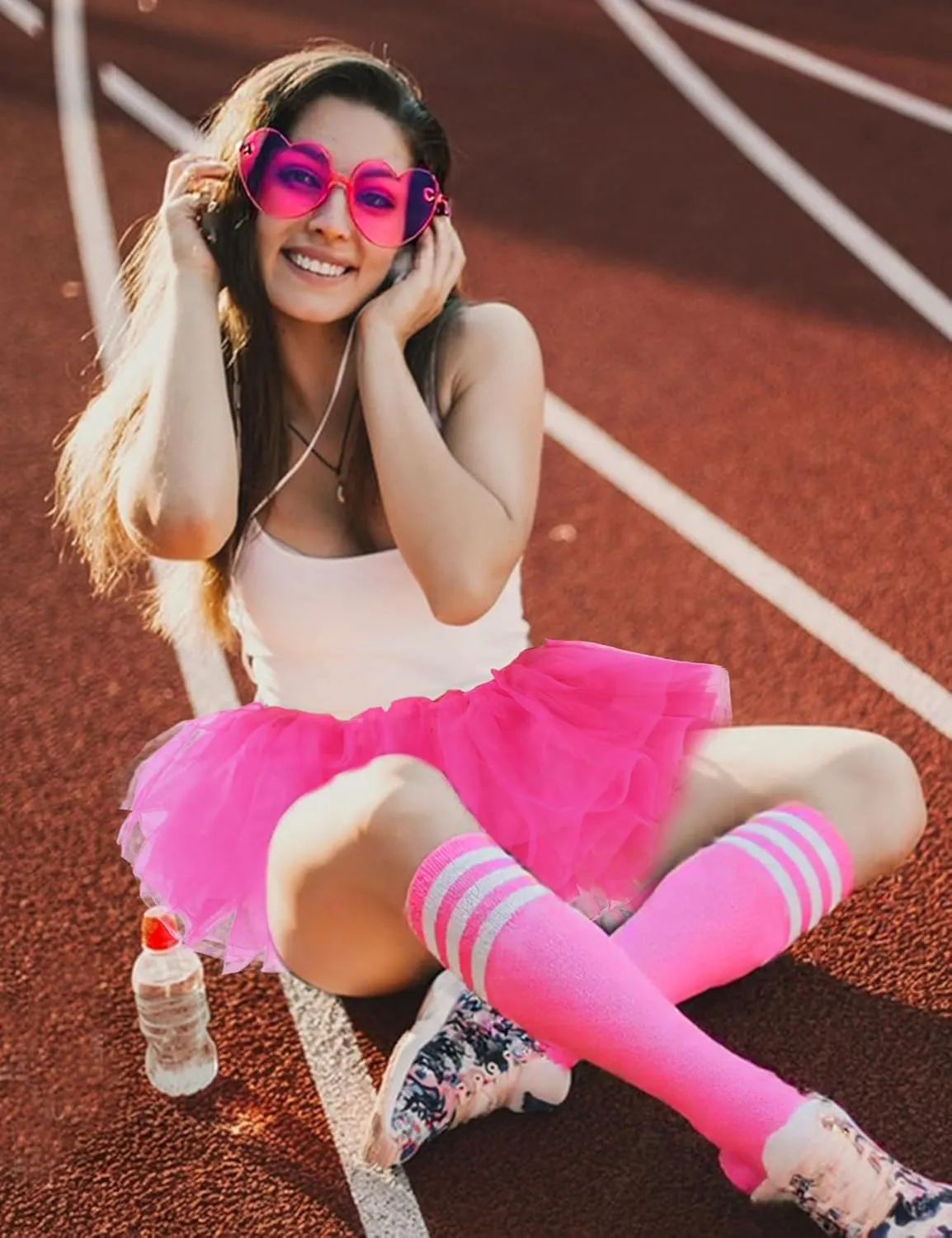 Adult Tutus for Women, 5 Layered Tulle Tutu Skirt Set with Heart Sunglasses and Knee High Socks Party Favors