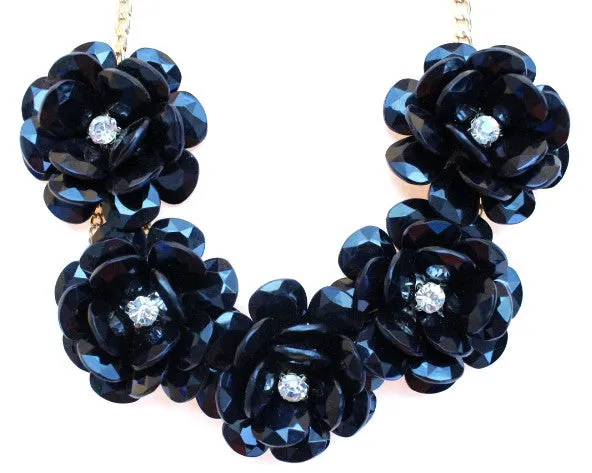 Beaded Rosette Statement Necklace- Black