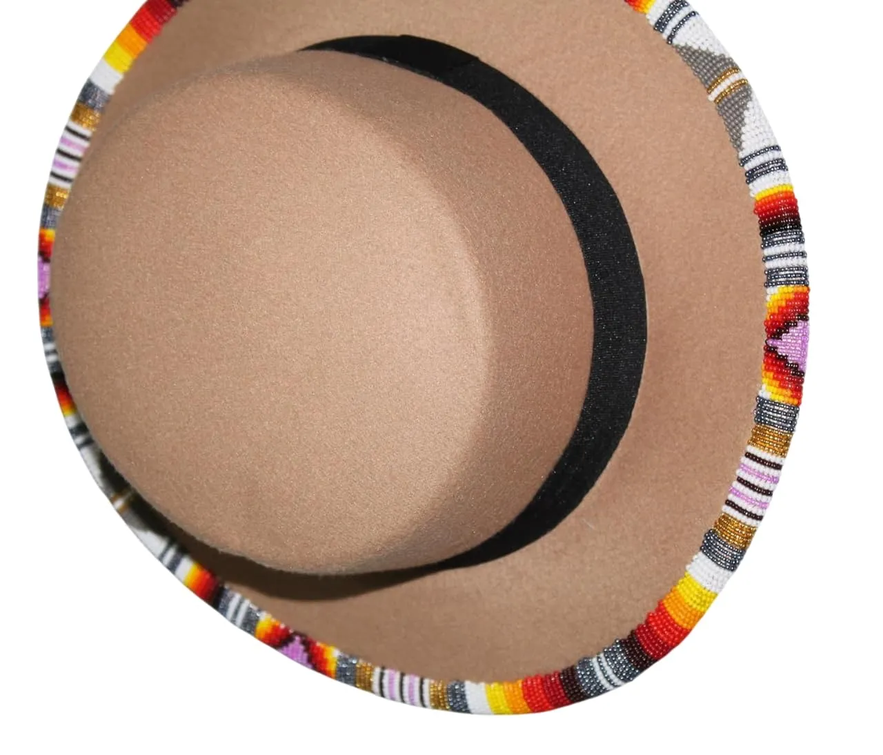 Beige/Tan Beaded Fedora Unisex Maasai Hat with Multicolor Beaded Trim