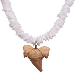 BlueRica Fossil Shark Tooth on Puka Chip Shells Necklace (24" 3S)