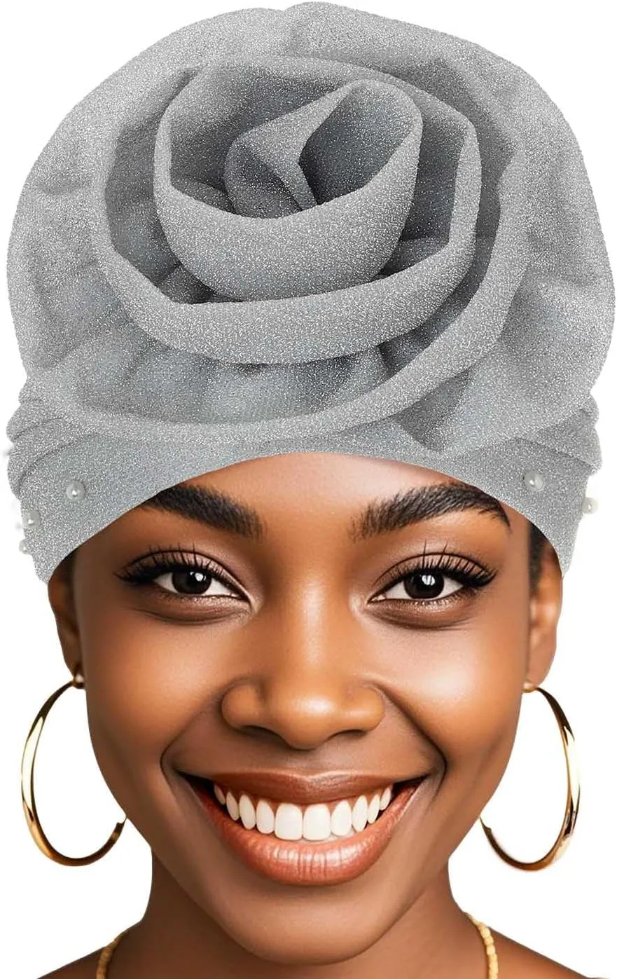 Bohend Big Flower Glitter Pleated Headwrap Cap Pearl Pre Tied Turbans Beanie Knotted Bonnet Stretch Headscarf Hat Women