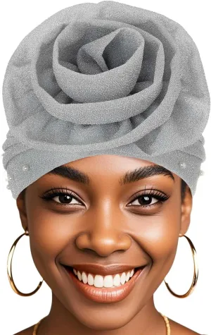 Bohend Big Flower Glitter Pleated Headwrap Cap Pearl Pre Tied Turbans Beanie Knotted Bonnet Stretch Headscarf Hat Women
