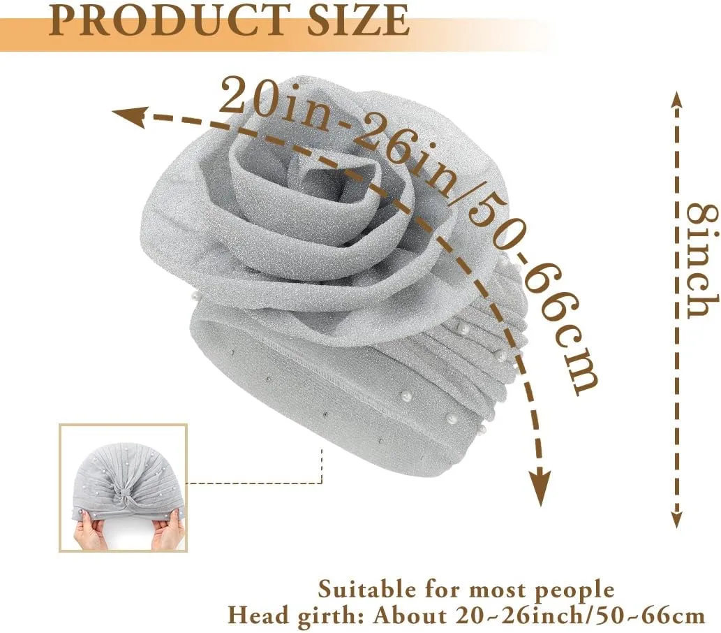 Bohend Big Flower Glitter Pleated Headwrap Cap Pearl Pre Tied Turbans Beanie Knotted Bonnet Stretch Headscarf Hat Women
