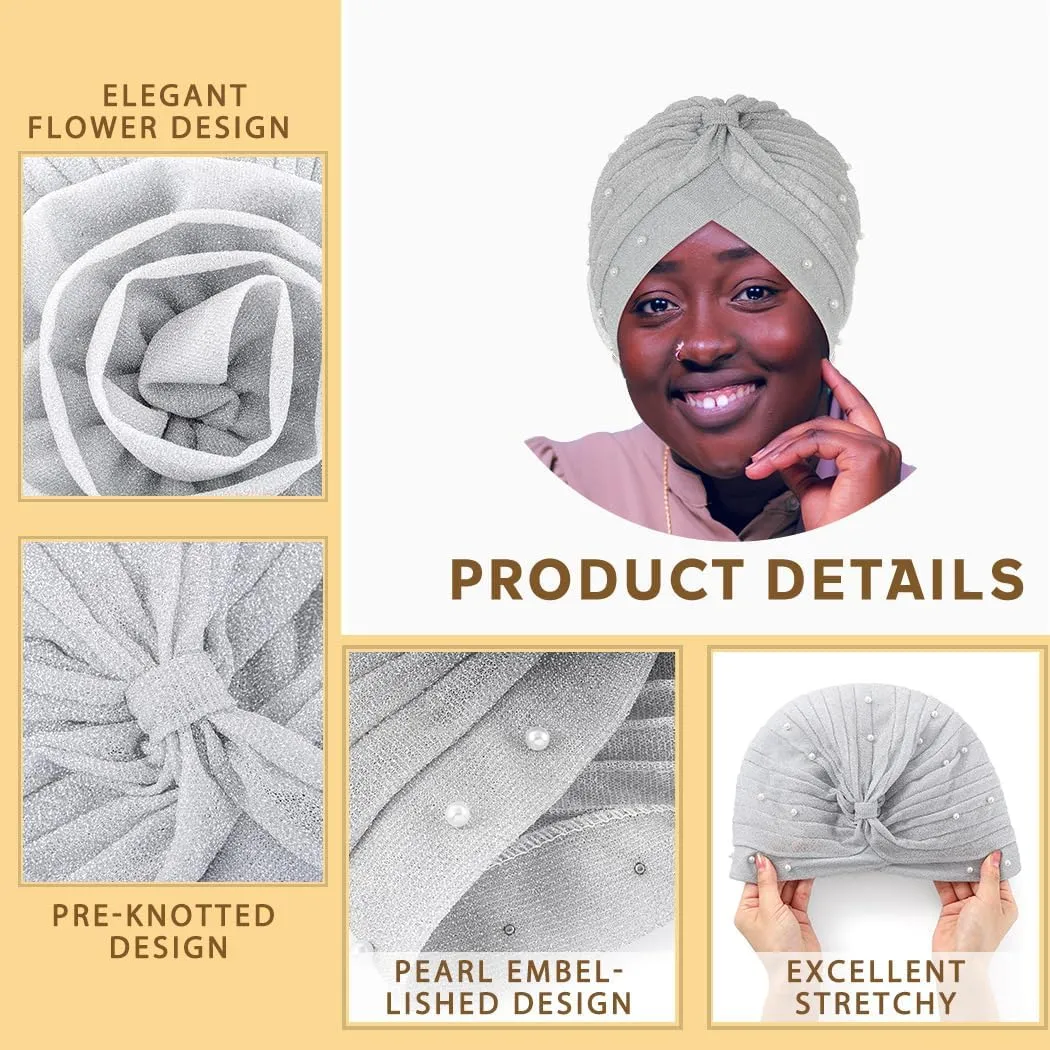 Bohend Big Flower Glitter Pleated Headwrap Cap Pearl Pre Tied Turbans Beanie Knotted Bonnet Stretch Headscarf Hat Women