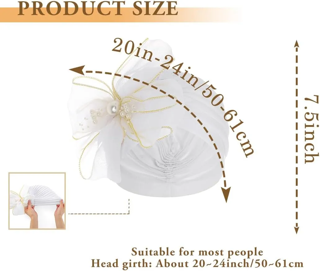 Bohend Big Flower Knotted Headwrap Cap Pearl Beads Pre Tied Turbans Beanie Bow Knot Bonnet Ruffle Stretch Headscarf Hat Women