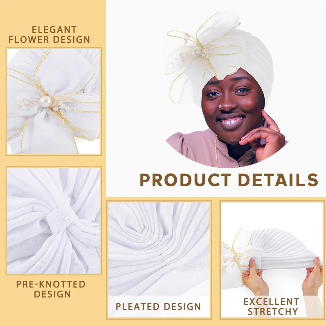 Bohend Big Flower Knotted Headwrap Cap Pearl Beads Pre Tied Turbans Beanie Bow Knot Bonnet Ruffle Stretch Headscarf Hat Women