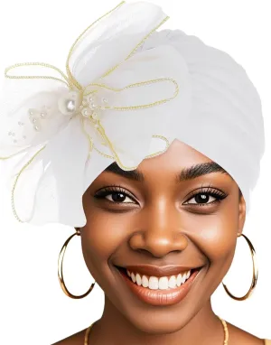 Bohend Big Flower Knotted Headwrap Cap Pearl Beads Pre Tied Turbans Beanie Bow Knot Bonnet Ruffle Stretch Headscarf Hat Women