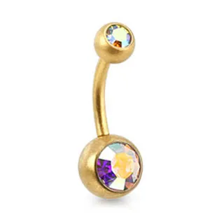 Brushed Gold Belly Ring - Iridescent Double Gem