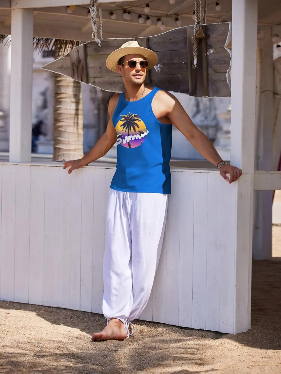 COOFANDY Mens Tank Tops Beach Summer Sleeveless Graphic T Shirts Palm Tree Vacation Quick Dry Muscle Tank