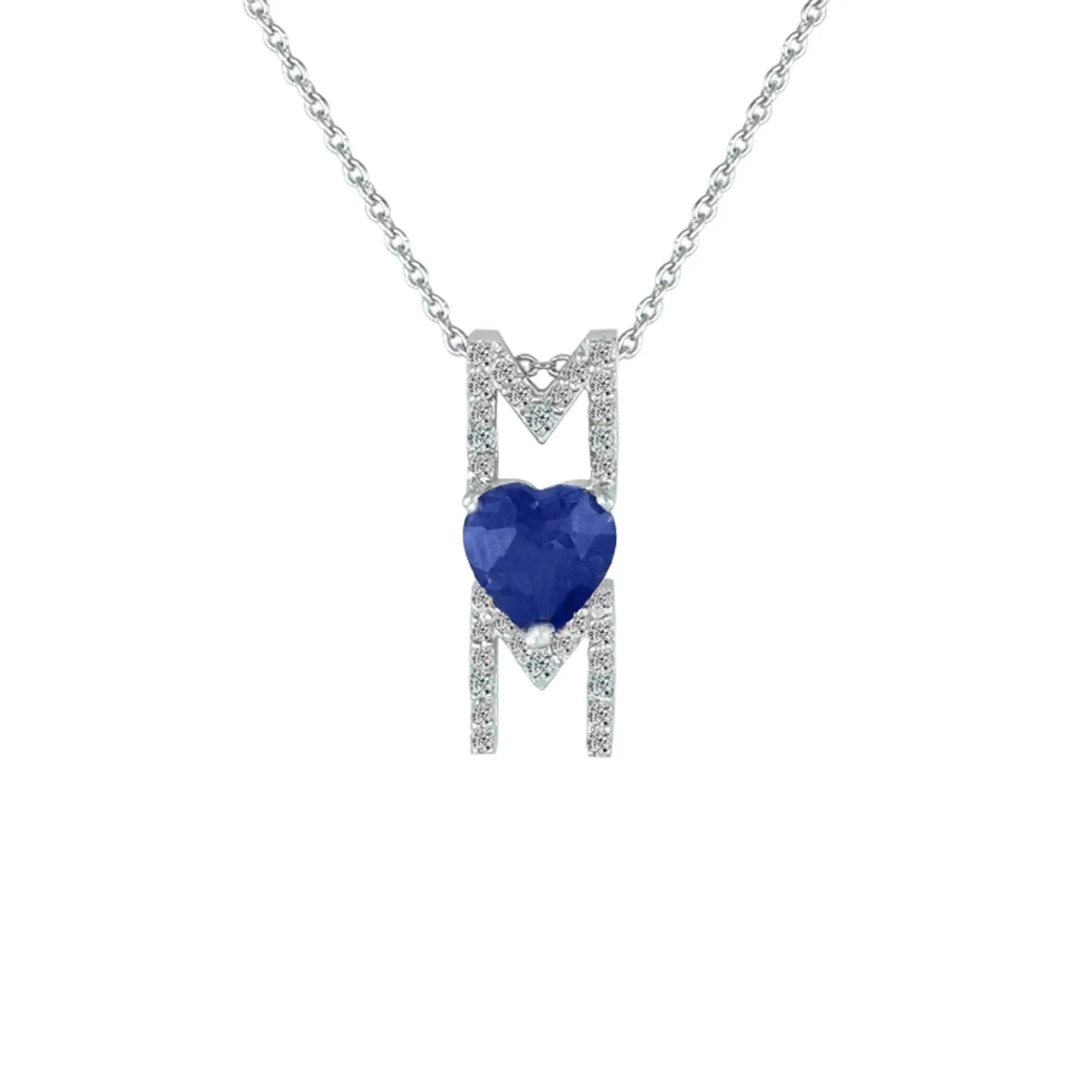 Created Blue and White Sapphire 'Mom' Pendant in Silver