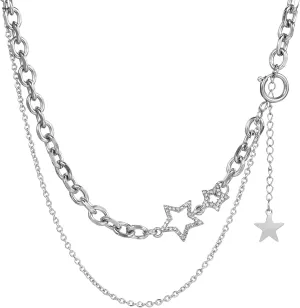 Double Layered Stacked Chunky Chain Choker Necklace For Women Y2k Star Statement Necklaces Silver Punk Asymmetric Diamond Necklace Jewelry