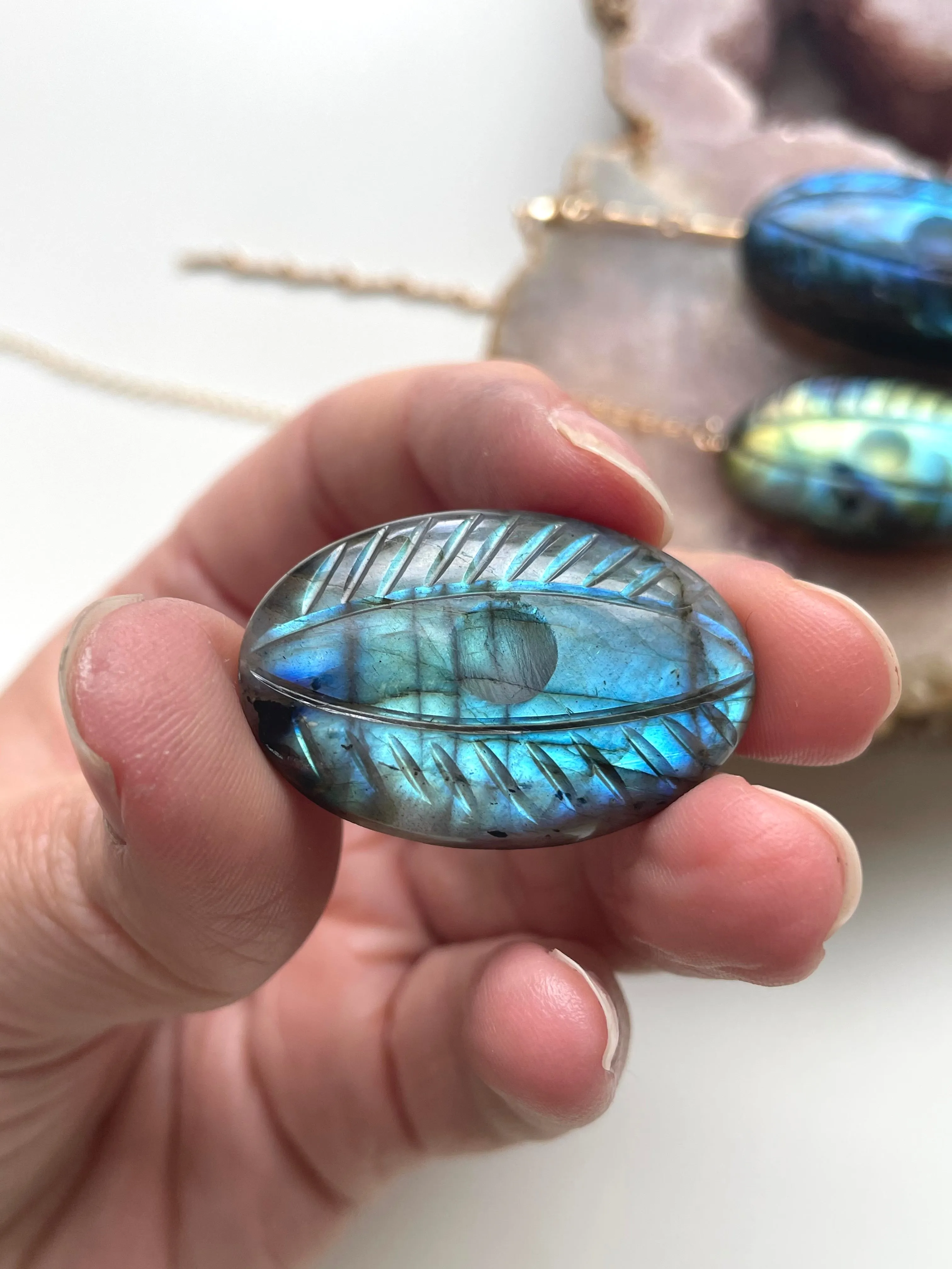 Evil Eye Protection Necklace - Labradorite Crystal Carved Healing Jewelry