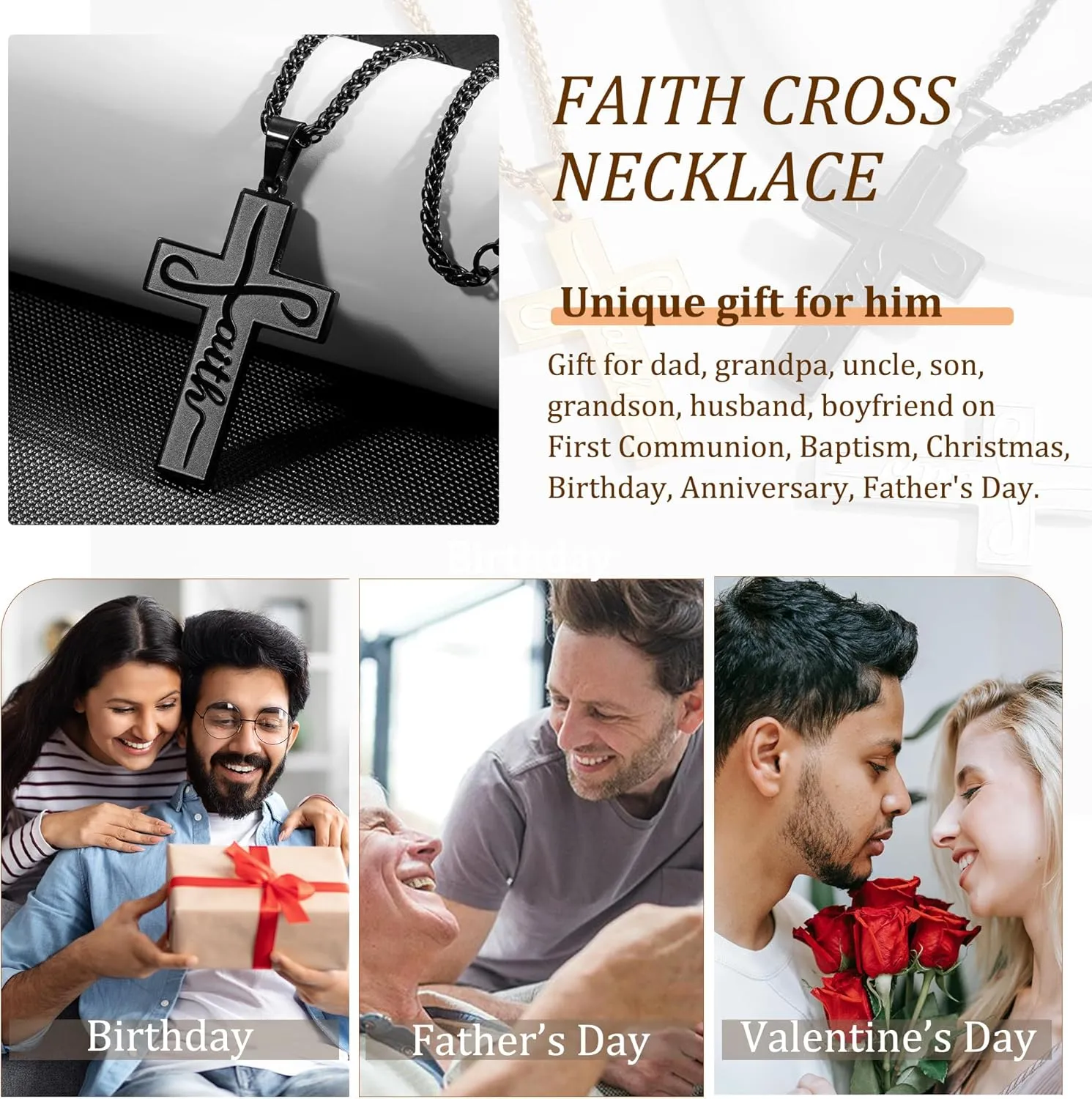 Faith Cross Necklace for Men Boys, Stainless Steel Cross Chain Pendant Necklace, Inspirational Bible Verse Christian Religious Easter Gifts Basket Stuffers