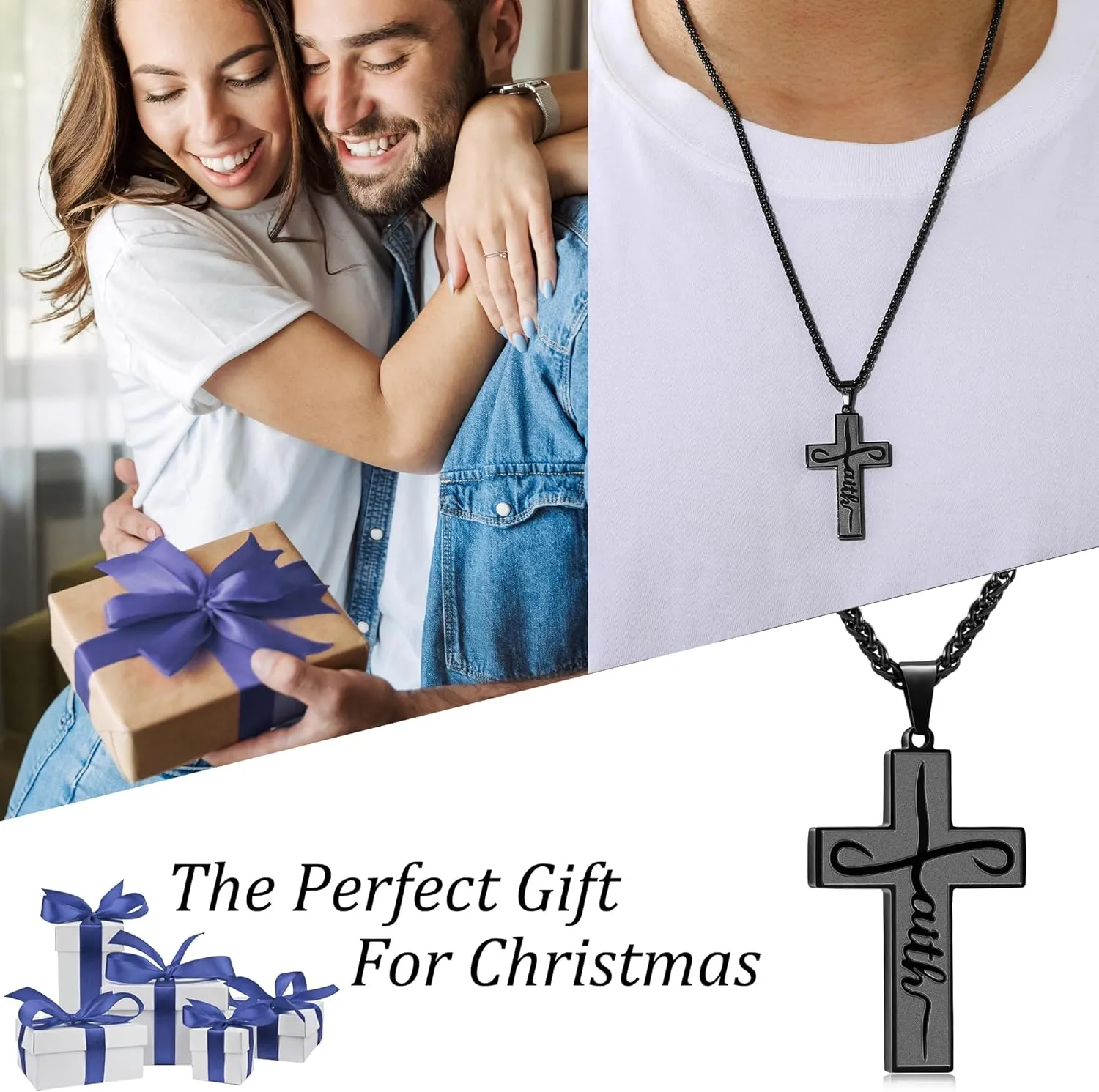 Faith Cross Necklace for Men Boys, Stainless Steel Cross Chain Pendant Necklace, Inspirational Bible Verse Christian Religious Easter Gifts Basket Stuffers