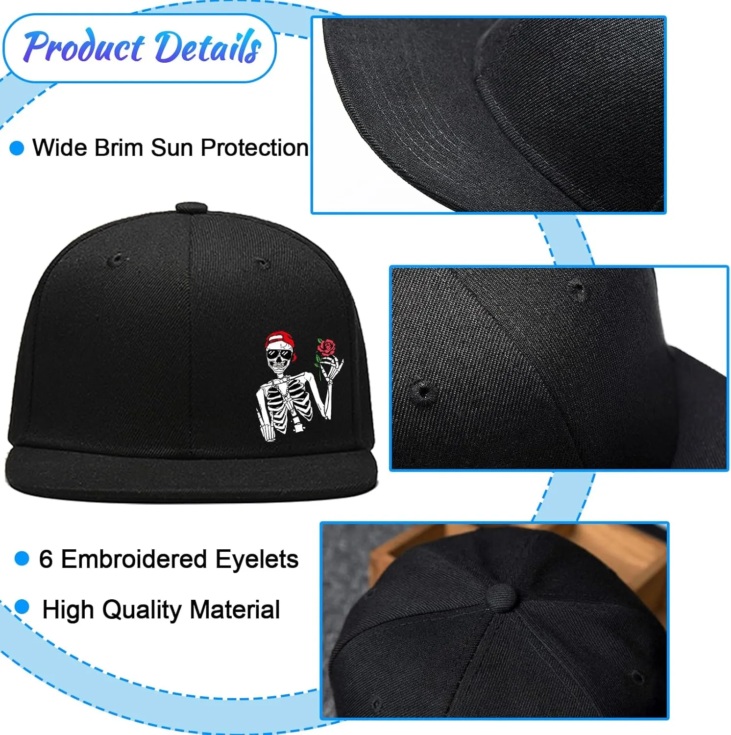 Flat Bill Hats for Men Black Snapback Hats for Men Adjustable Baseball Cap Fitted Cool Hip Hop Hat