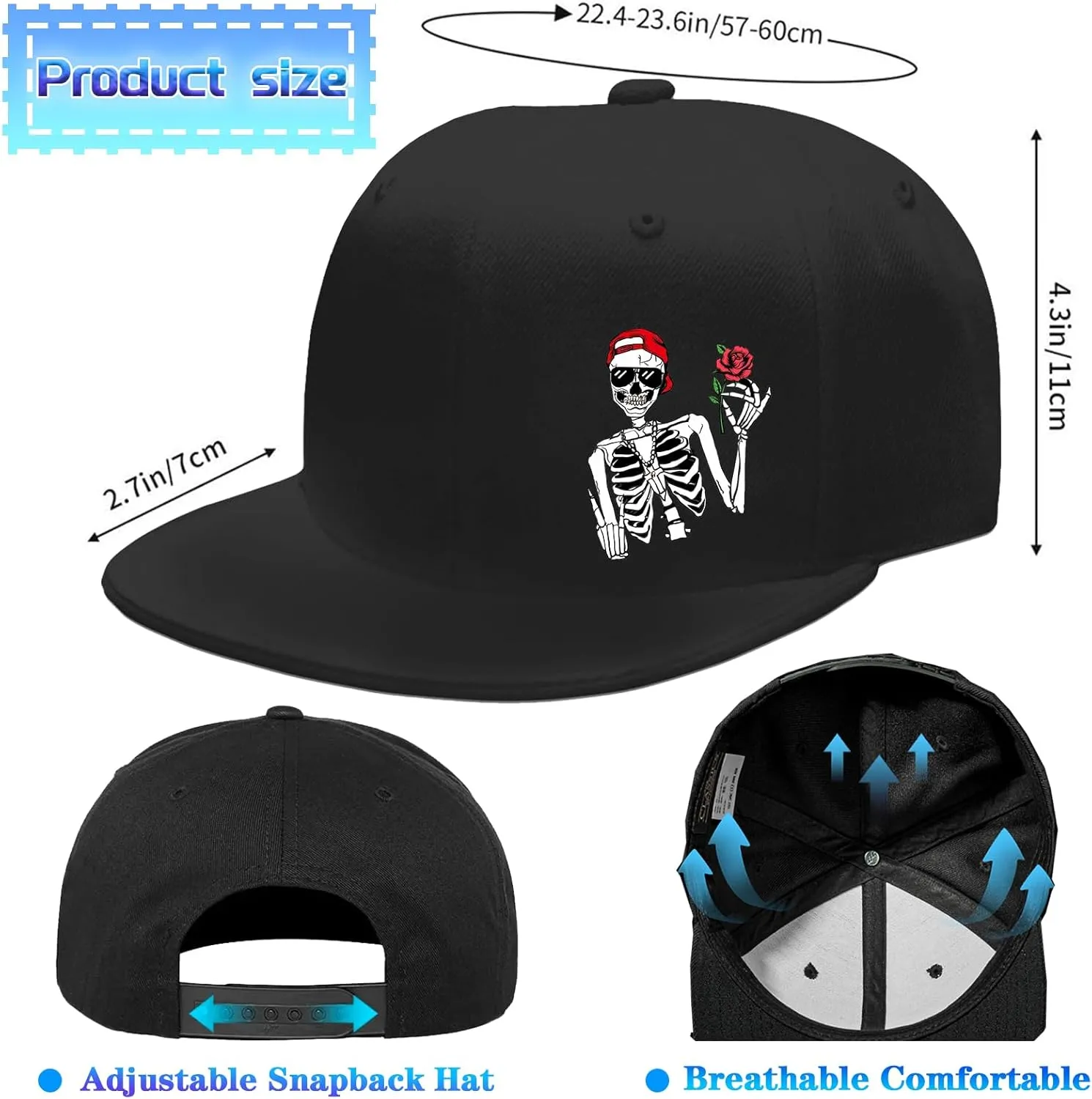 Flat Bill Hats for Men Black Snapback Hats for Men Adjustable Baseball Cap Fitted Cool Hip Hop Hat