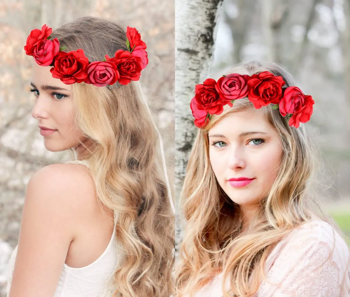 Flower Crown Rose Peony Garland Headband Hair Wreath Floral Headpiece with Adjustable Ribbon Wedding Festival Party (red)