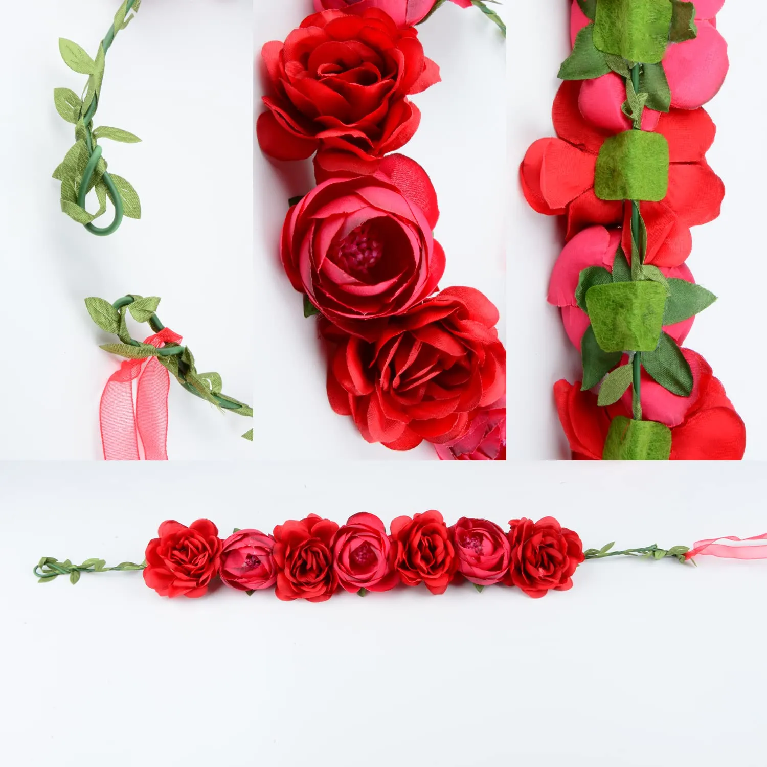 Flower Crown Rose Peony Garland Headband Hair Wreath Floral Headpiece with Adjustable Ribbon Wedding Festival Party (red)