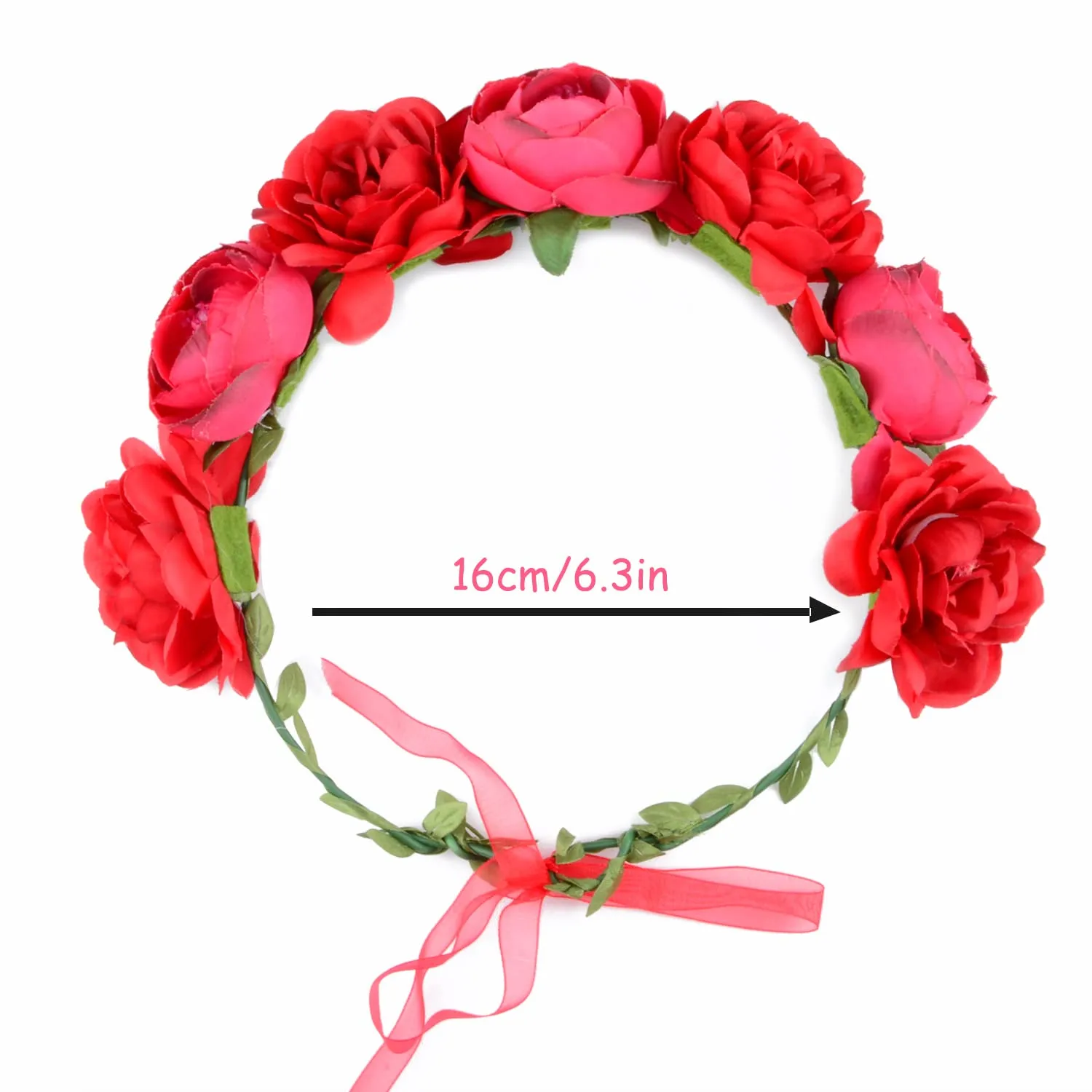 Flower Crown Rose Peony Garland Headband Hair Wreath Floral Headpiece with Adjustable Ribbon Wedding Festival Party (red)