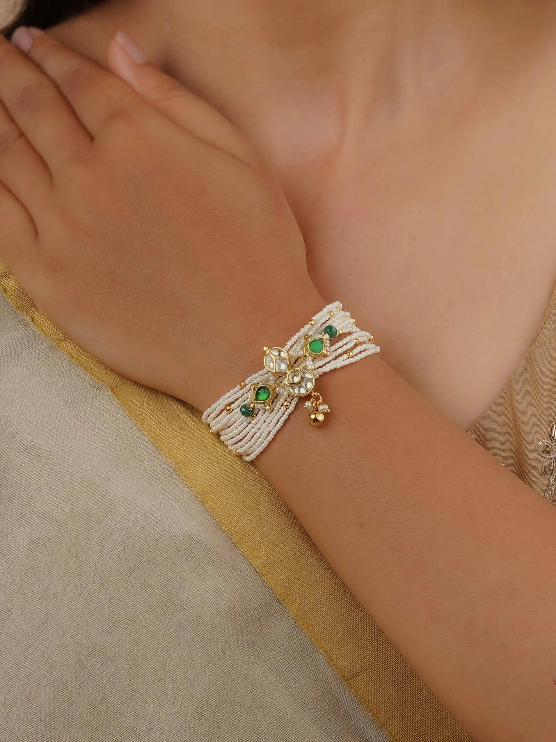 Green Color Gold Plated Jadau Kundan Bracelet - MHP207MA