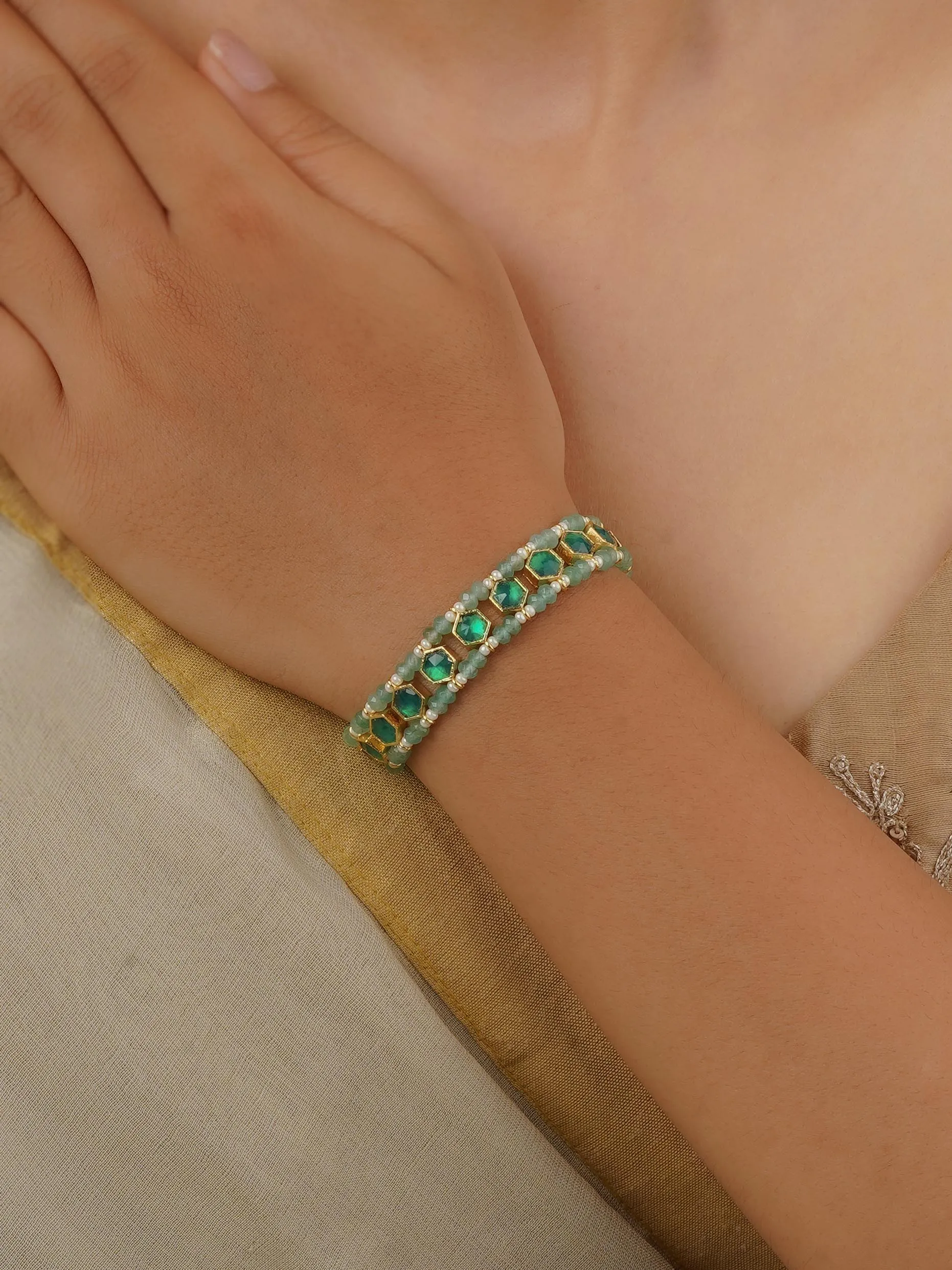 Green Color Gold Plated Jadau Kundan Bracelet - MHP225GR