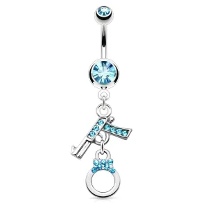 Gun and Handcuff Dangling Belly Ring - Aqua