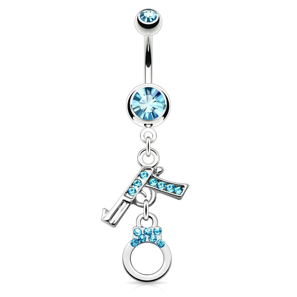 Gun and Handcuff Dangling Belly Ring - Aqua
