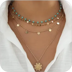 HUASAI Boho Necklaces Western Jewelry for Women Turquoise Layered Necklace Bohemian Western Outfit Country Concert Accessories